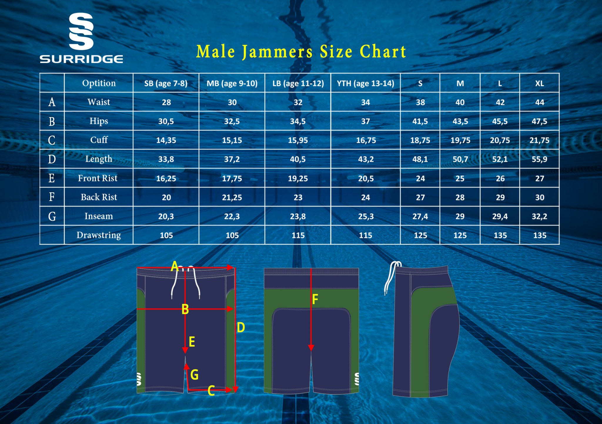 Swim Jammers Youth Size Chart